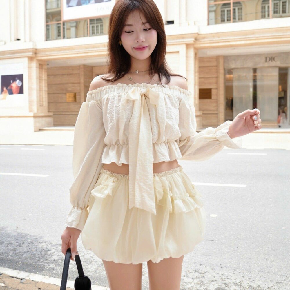 Cream Chiffon Off-Shoulder Blouse with Bow – Graceful Summer Street Style