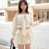 Cream Chiffon Off-Shoulder Blouse with Bow – Graceful Summer Street Style