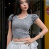 Gray Ribbed Crop Top with Puff Sleeves and Lace – Cute Modern Aesthetic