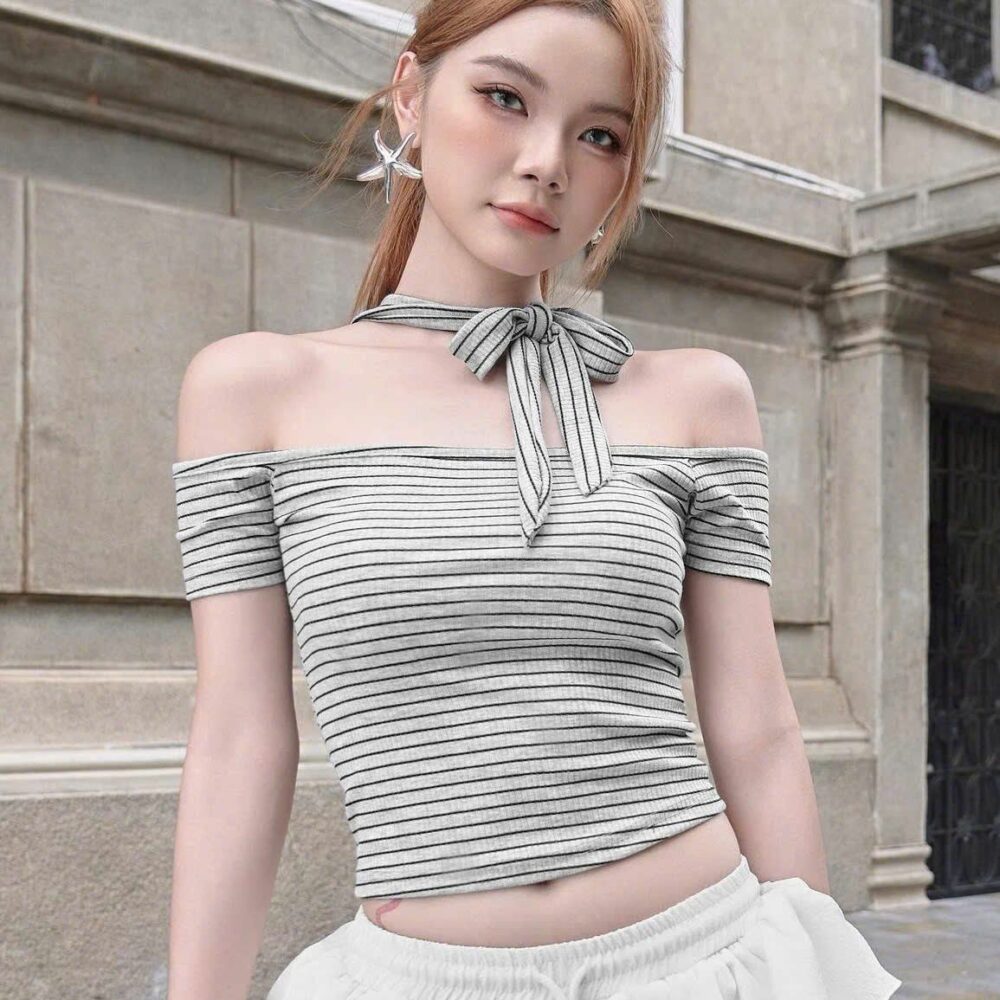 Striped Ribbed Off-Shoulder Shirt with Neck Ribbon – Modern Minimalist Look
